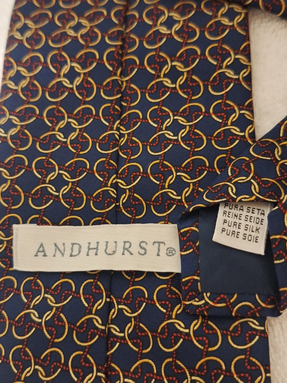 Andhurst Navy Silk Tie with Gold and Red Chain Motif
